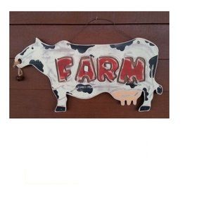 New Primitive FARM COW Farmhouse Chic Rustic Distressed Wood Sign w/ Bell